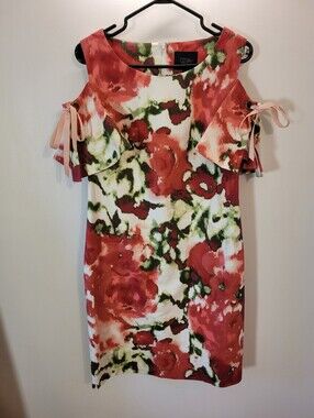 Cenia New York Coral Green Floral Watercolor Cold-Shoulder Midi Dress - Size 8